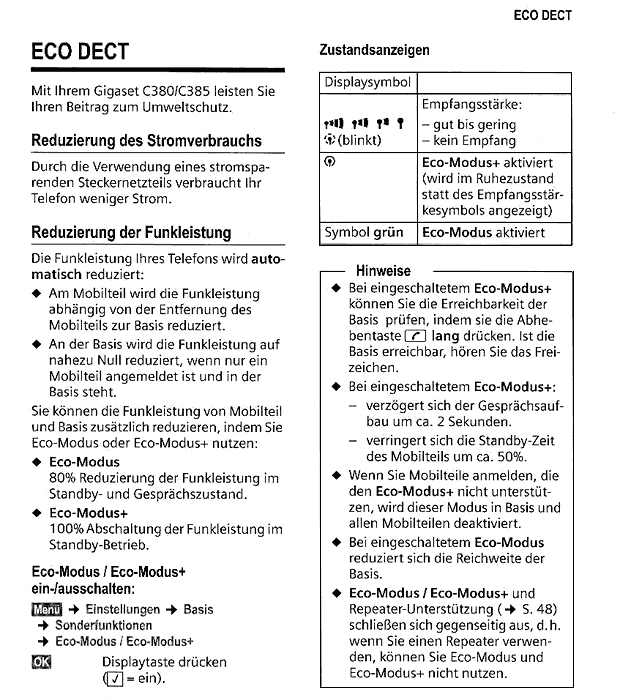 Anleitung für Eco-Modus+, Gigaset C380/C385