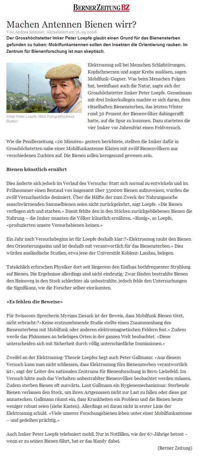 Berner Zeitung BZ, 16.09.2008 - Machen Antennen Bienen wirr