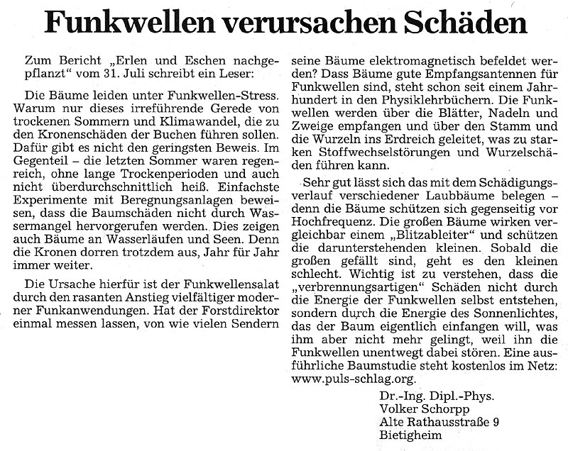 BNN , vom 04. August 2009 - Funkwellen verursachen Schäden