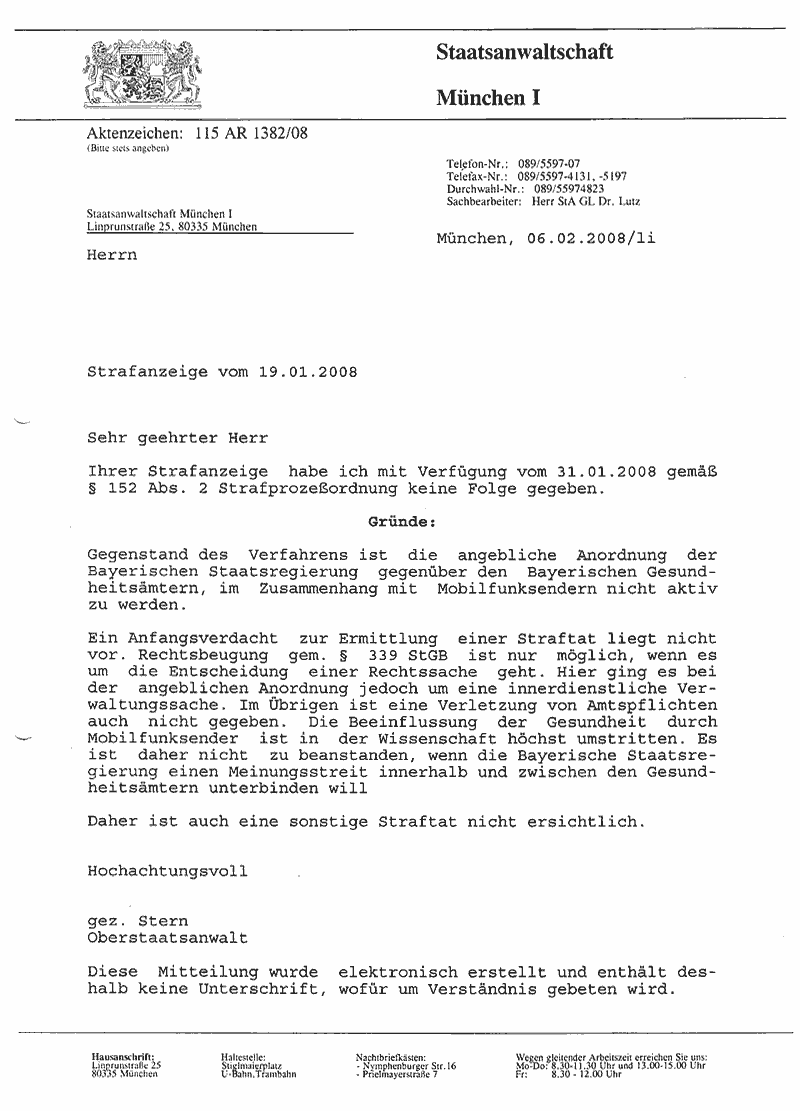 Ablehnungsschreiben der Staatsanwaltschaft München